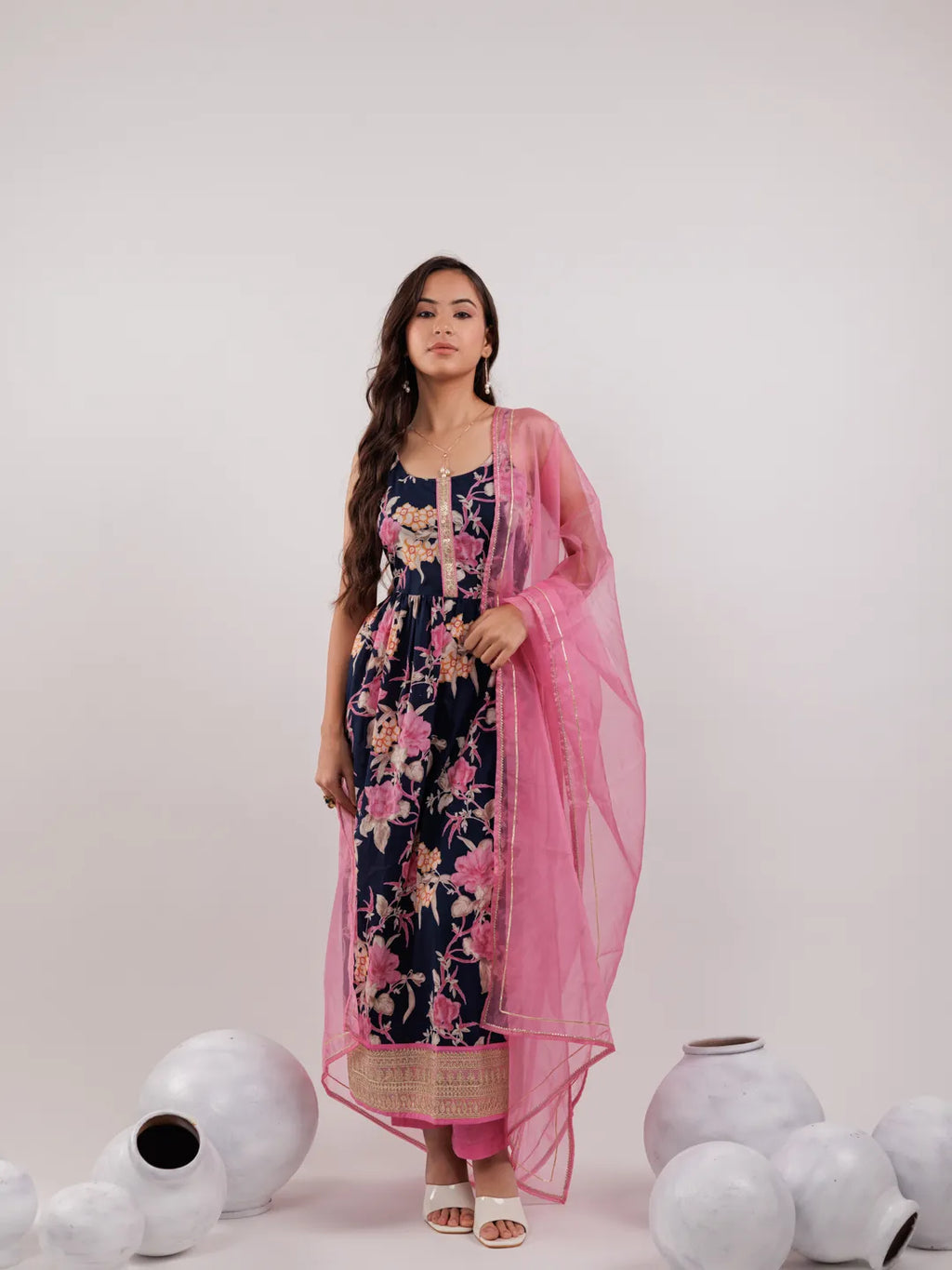 Yufta Navy Blue Floral Print Cotton Fit And Flare Kurta Trouser & Dupatta Set | Grocsy