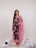 Yufta Navy Blue Floral Print Cotton Fit And Flare Kurta Trouser & Dupatta Set | Grocsy
