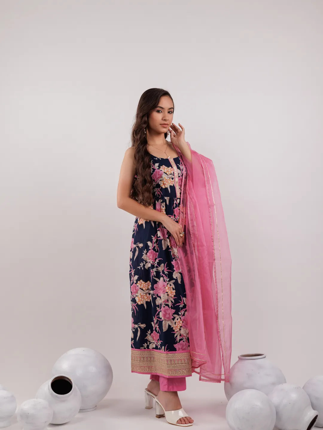 Yufta Navy Blue Floral Print Cotton Fit And Flare Kurta Trouser & Dupatta Set | Grocsy