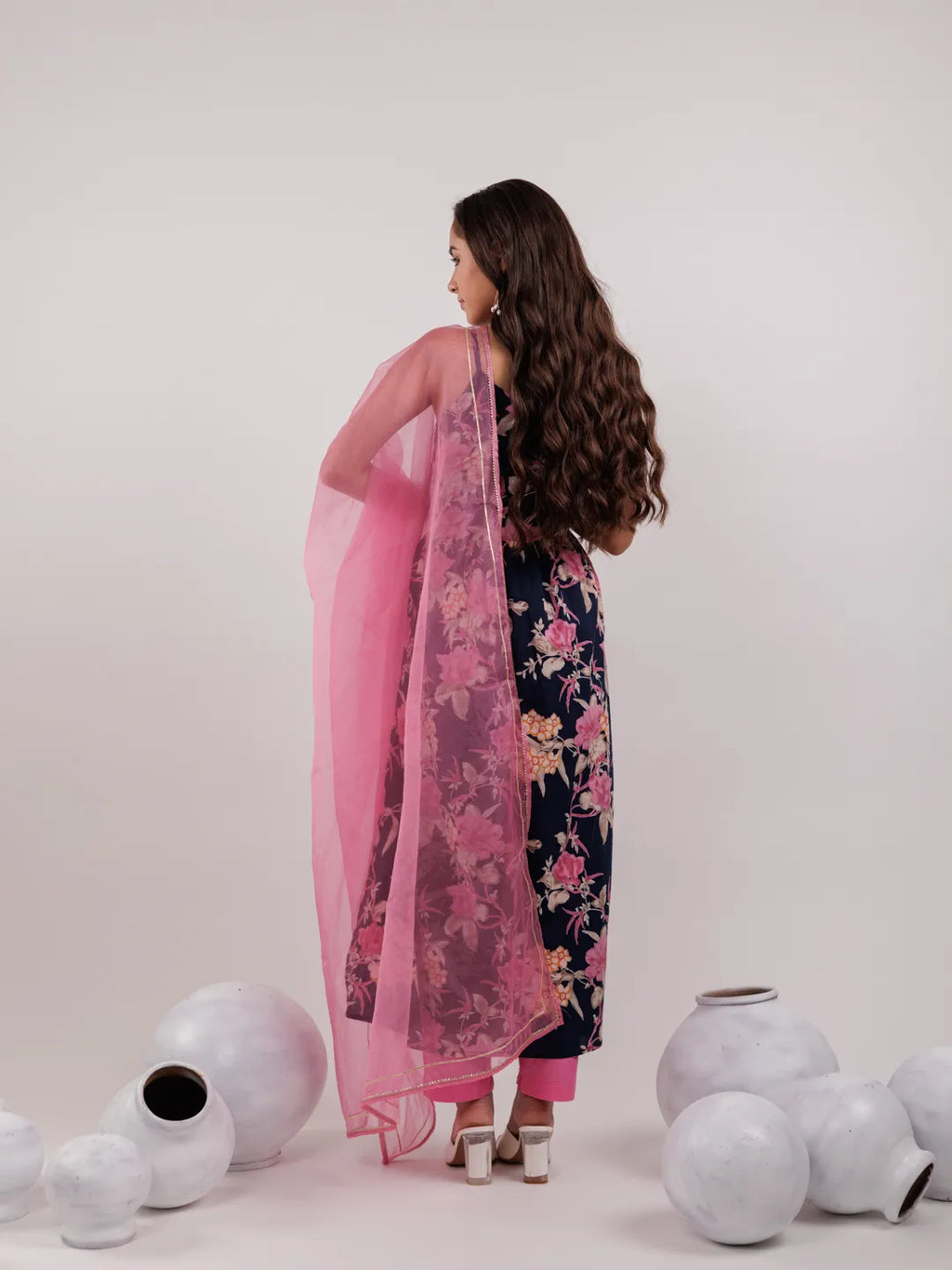 Yufta Navy Blue Floral Print Cotton Fit And Flare Kurta Trouser & Dupatta Set | Grocsy
