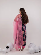 Yufta Navy Blue Floral Print Cotton Fit And Flare Kurta Trouser & Dupatta Set | Grocsy