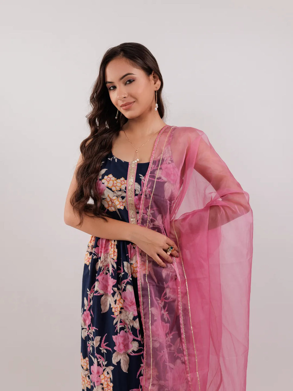 Yufta Navy Blue Floral Print Cotton Fit And Flare Kurta Trouser & Dupatta Set | Grocsy
