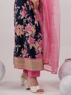 Yufta Navy Blue Floral Print Cotton Fit And Flare Kurta Trouser & Dupatta Set | Grocsy