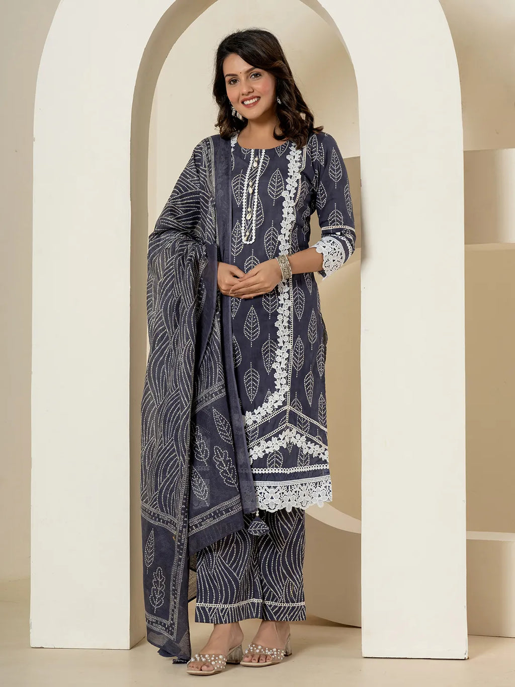 Yufta Navy Blue Patch Work Pure Cotton Straight Kurta And Dupatta Set | Grocsy
