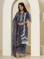 Yufta Navy Blue Patch Work Pure Cotton Straight Kurta And Dupatta Set | Grocsy