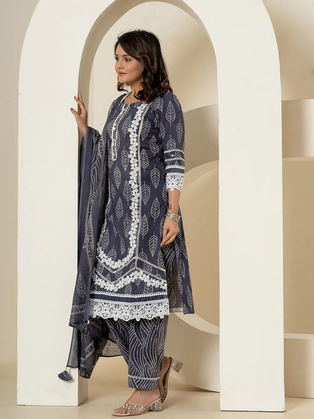 Yufta Navy Blue Patch Work Pure Cotton Straight Kurta And Dupatta Set | Grocsy