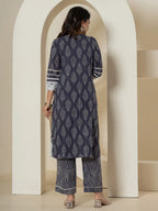 Yufta Navy Blue Patch Work Pure Cotton Straight Kurta And Dupatta Set | Grocsy
