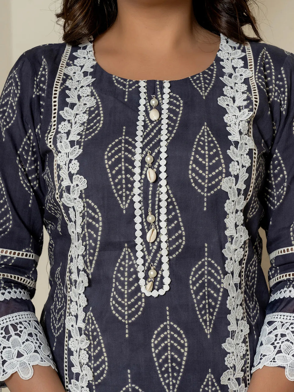 Yufta Navy Blue Patch Work Pure Cotton Straight Kurta And Dupatta Set | Grocsy