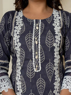 Yufta Navy Blue Patch Work Pure Cotton Straight Kurta And Dupatta Set | Grocsy