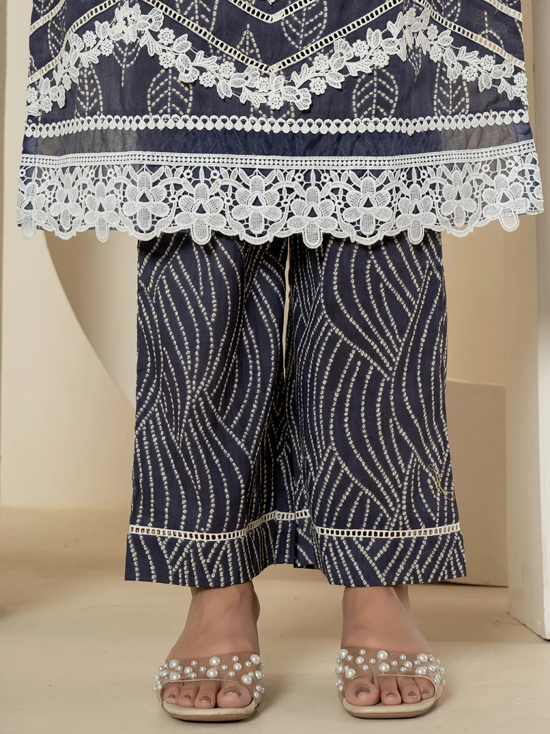 Yufta Navy Blue Patch Work Pure Cotton Straight Kurta And Dupatta Set | Grocsy