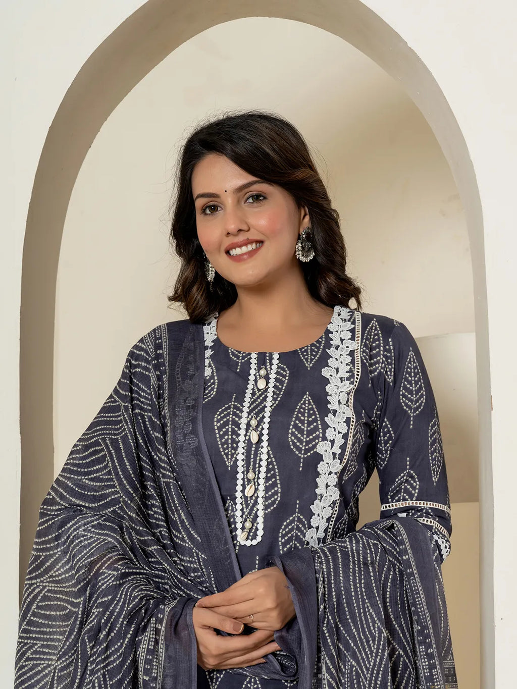 Yufta Navy Blue Patch Work Pure Cotton Straight Kurta And Dupatta Set | Grocsy