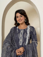 Yufta Navy Blue Patch Work Pure Cotton Straight Kurta And Dupatta Set | Grocsy