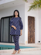 Yufta Navy Blue Polka Dot Print Top And Trouser Co Ord Set | Grocsy