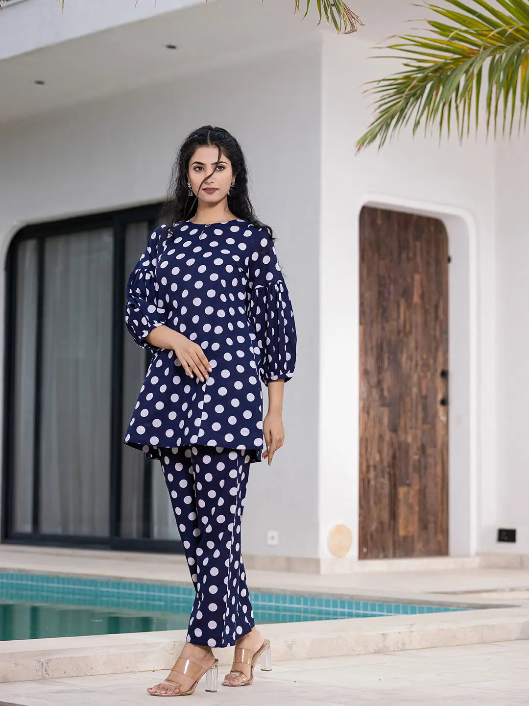 Yufta Navy Blue Polka Dot Print Top And Trouser Co Ord Set | Grocsy