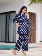 Yufta Navy Blue Polka Dot Print Top And Trouser Co Ord Set | Grocsy