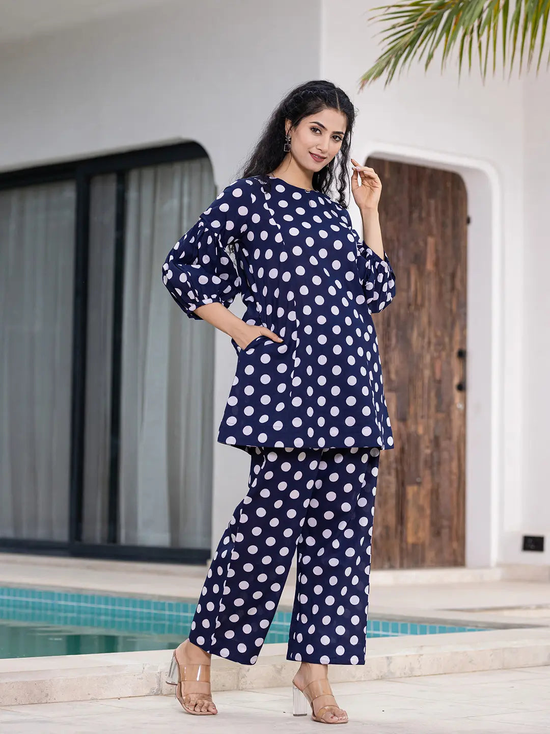Yufta Navy Blue Polka Dot Print Top And Trouser Co Ord Set | Grocsy