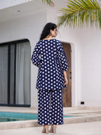 Yufta Navy Blue Polka Dot Print Top And Trouser Co Ord Set | Grocsy