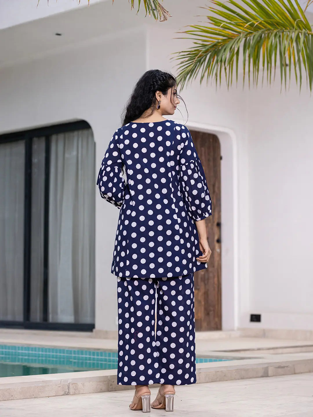 Yufta Navy Blue Polka Dot Print Top And Trouser Co Ord Set | Grocsy