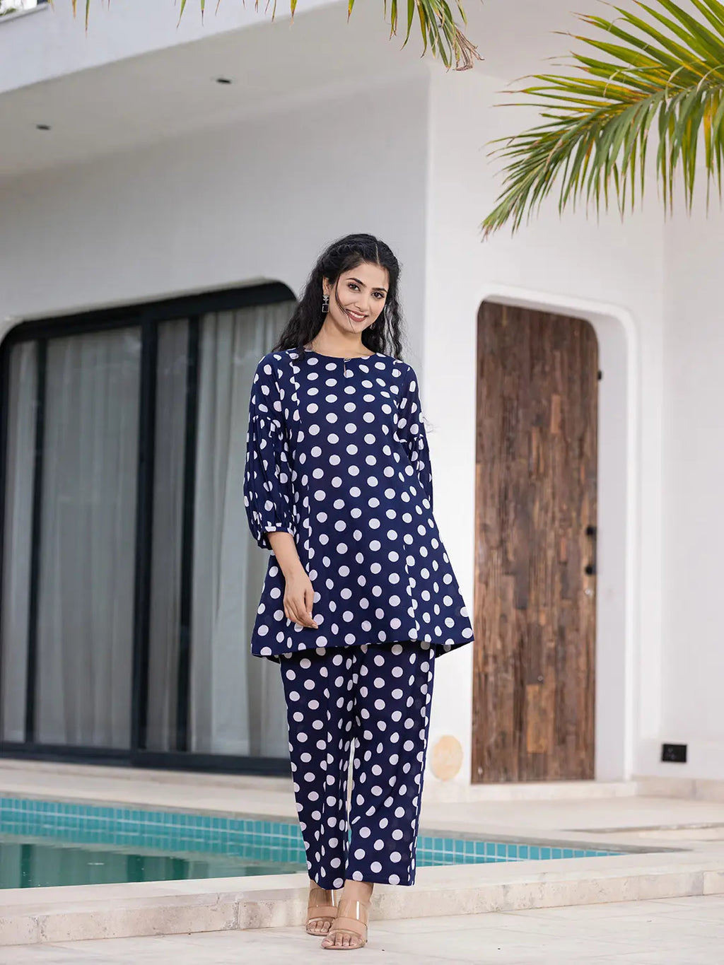 Yufta Navy Blue Polka Dot Print Top And Trouser Co Ord Set | Grocsy
