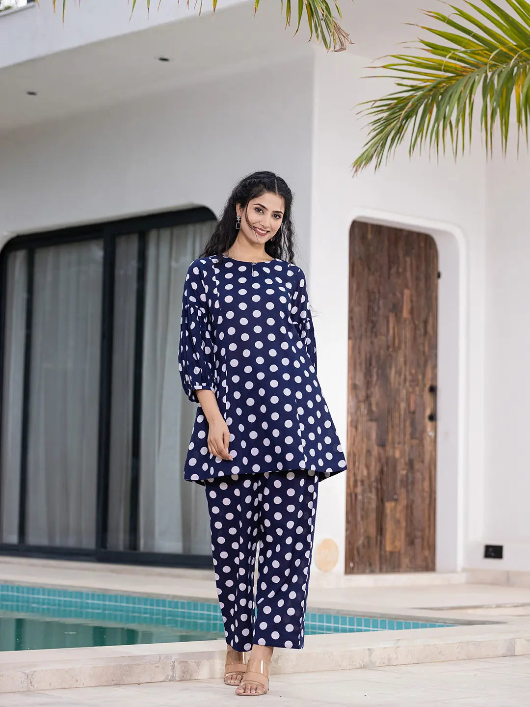 Yufta Navy Blue Polka Dot Print Top And Trouser Co Ord Set | Grocsy