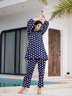 Yufta Navy Blue Polka Dot Print Top And Trouser Co Ord Set | Grocsy