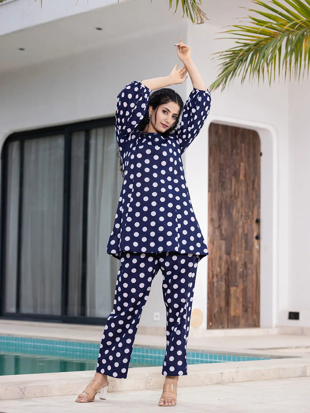 Yufta Navy Blue Polka Dot Print Top And Trouser Co Ord Set | Grocsy
