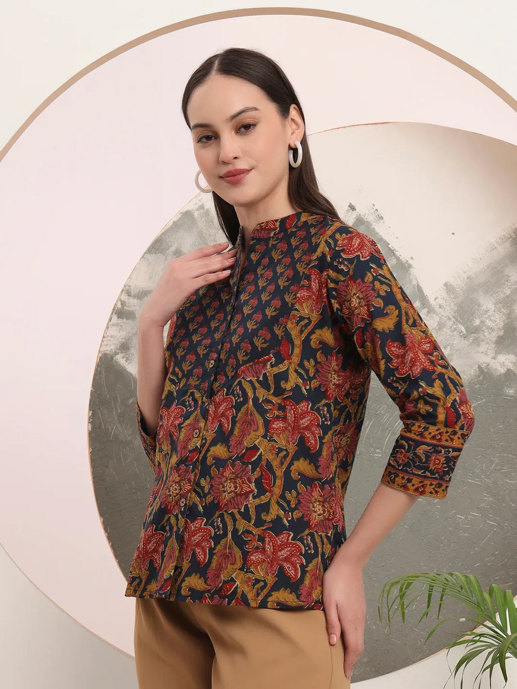 Yufta Navy Blue Pure Cotton Shirt Style Top | Grocsy