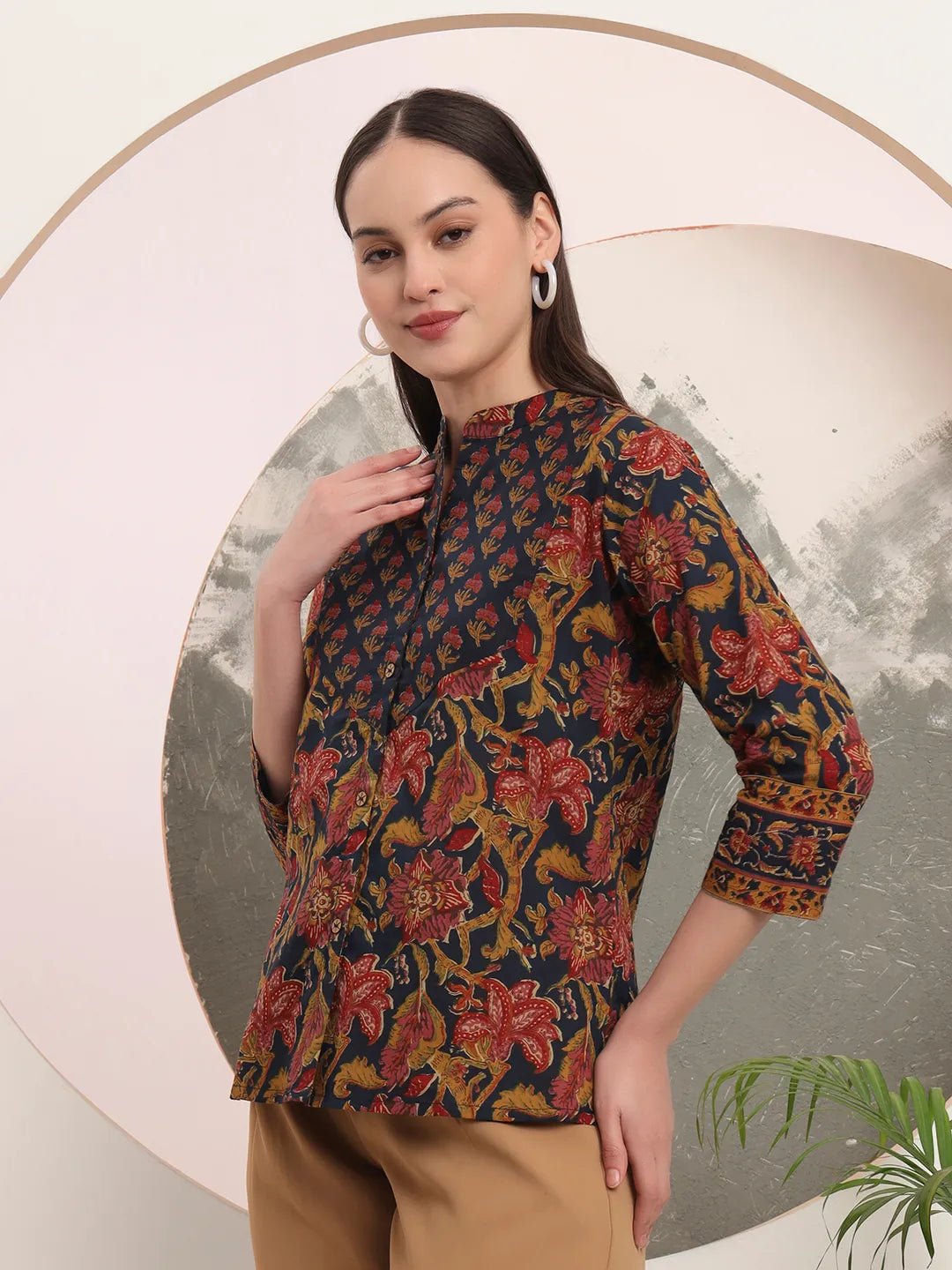 Yufta Navy Blue Pure Cotton Shirt Style Top | Grocsy