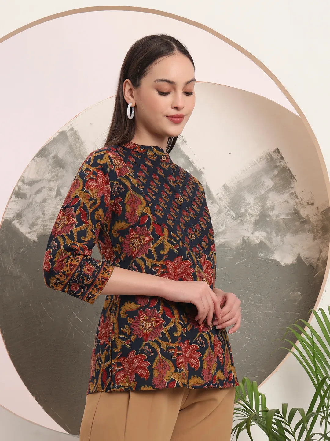 Yufta Navy Blue Pure Cotton Shirt Style Top | Grocsy