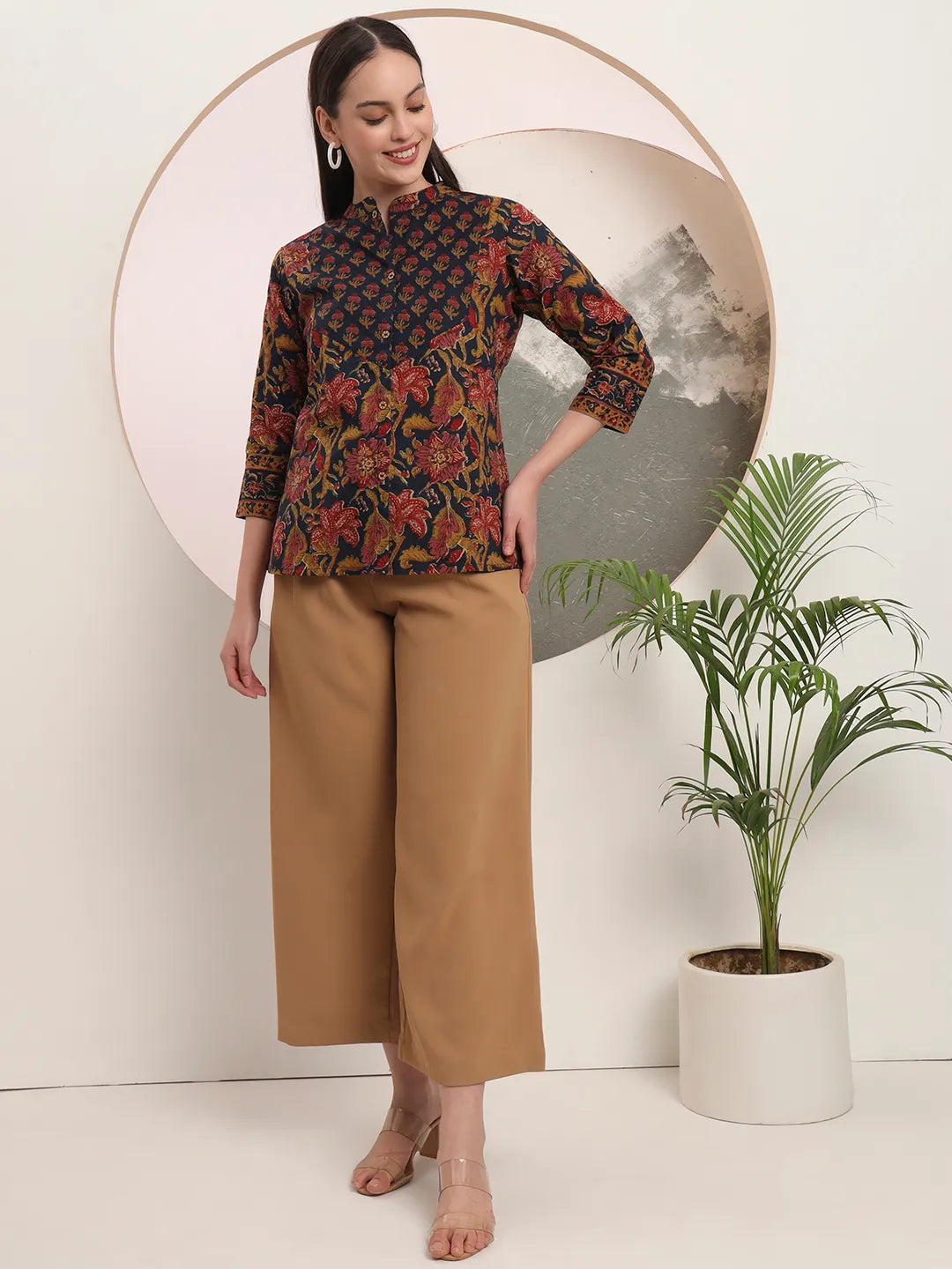 Yufta Navy Blue Pure Cotton Shirt Style Top | Grocsy