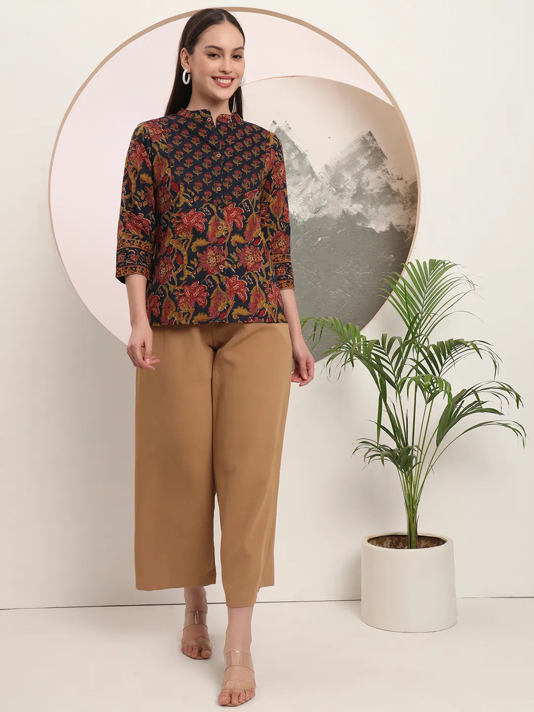 Yufta Navy Blue Pure Cotton Shirt Style Top | Grocsy