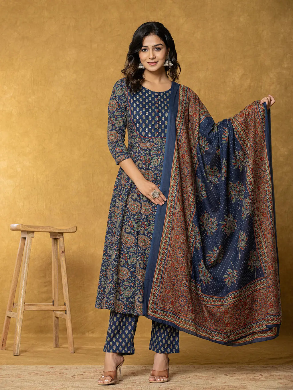 Yufta Navy Blue Sequins_Worky Cotton Anarkali Kurta Dupatta Set | Grocsy