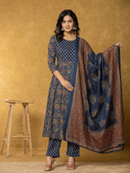 Yufta Navy Blue Sequins_Worky Cotton Anarkali Kurta Dupatta Set | Grocsy