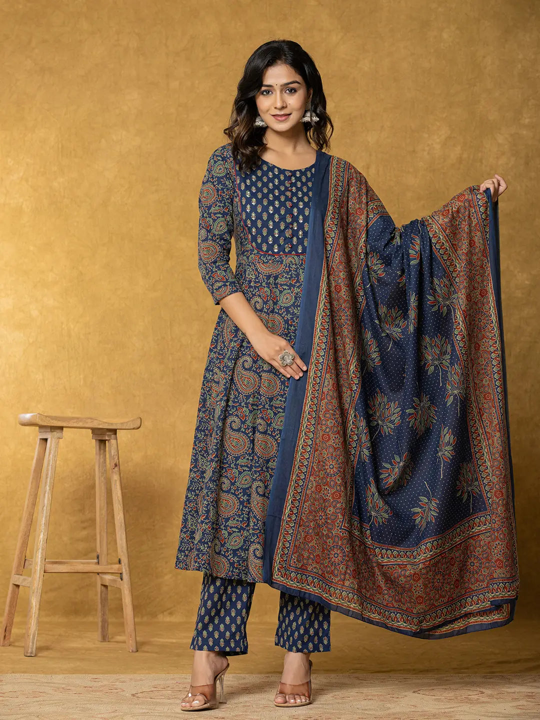 Yufta Navy Blue Sequins_Worky Cotton Anarkali Kurta Dupatta Set | Grocsy