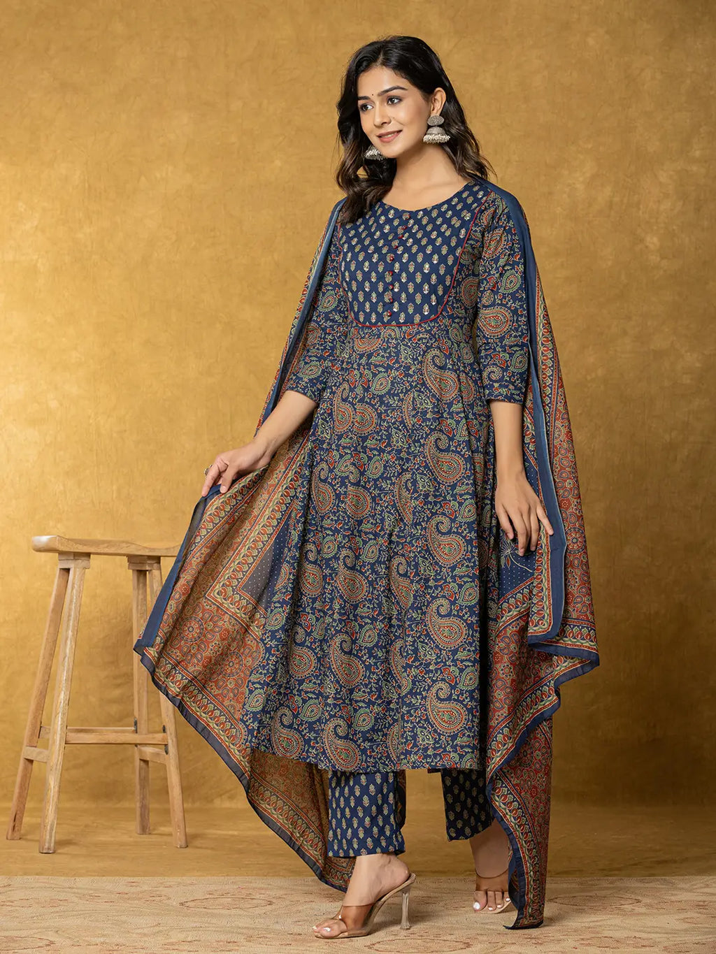 Yufta Navy Blue Sequins_Worky Cotton Anarkali Kurta Dupatta Set | Grocsy