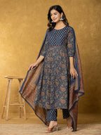 Yufta Navy Blue Sequins_Worky Cotton Anarkali Kurta Dupatta Set | Grocsy
