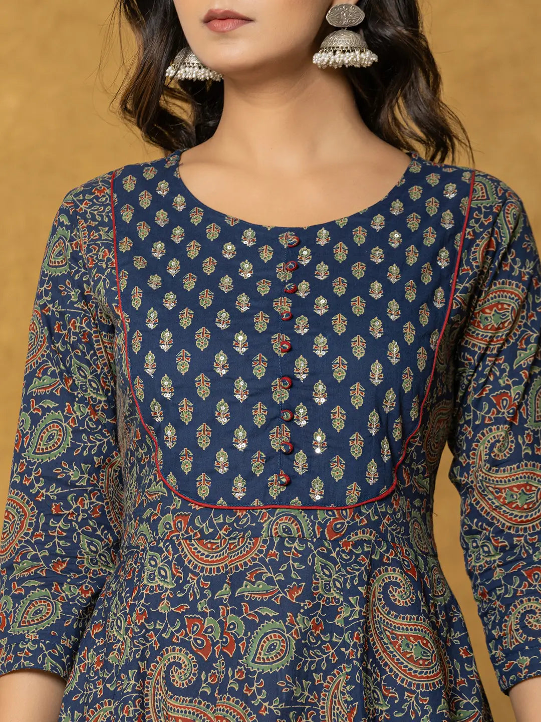 Yufta Navy Blue Sequins_Worky Cotton Anarkali Kurta Dupatta Set | Grocsy