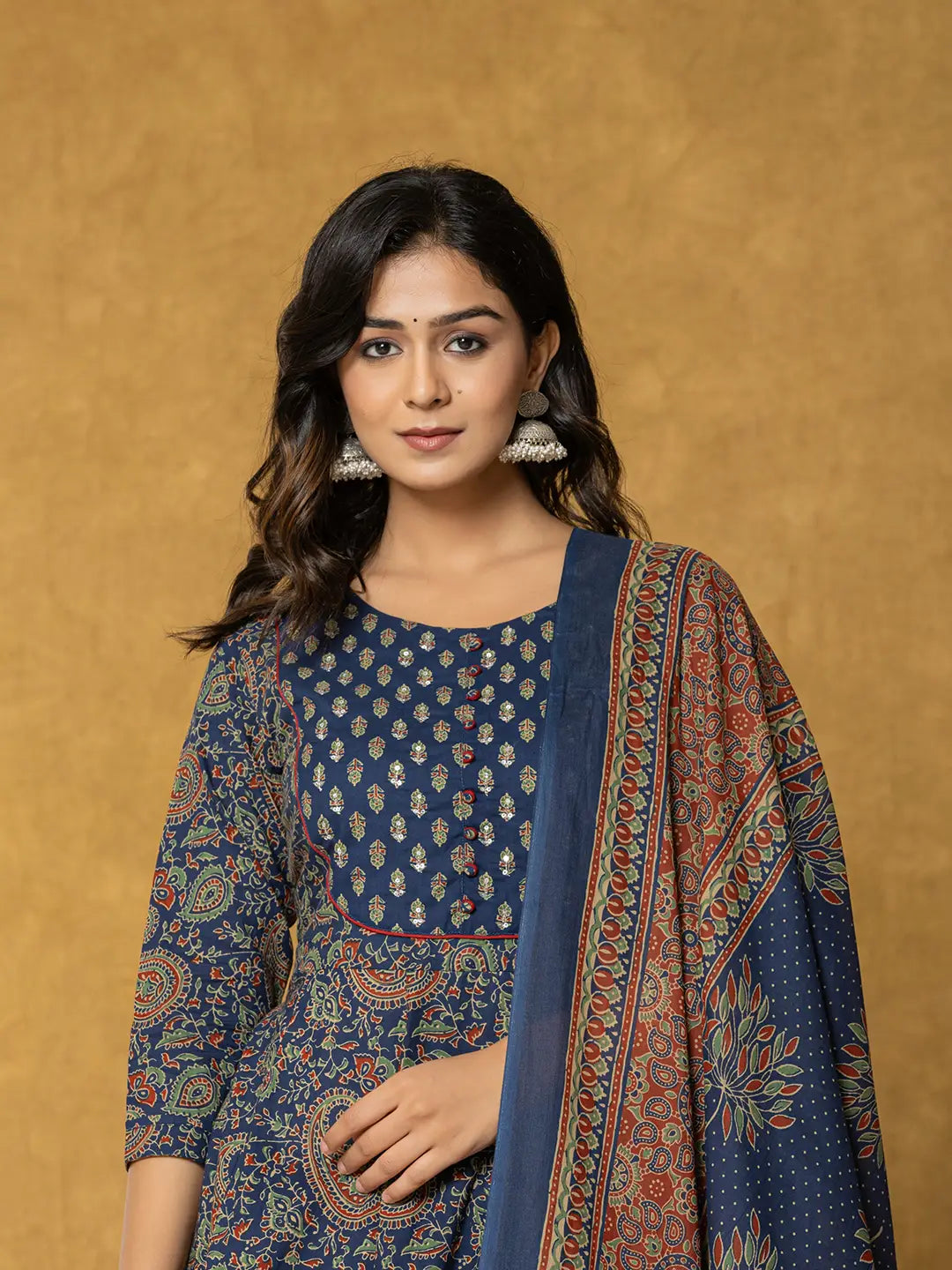 Yufta Navy Blue Sequins_Worky Cotton Anarkali Kurta Dupatta Set | Grocsy