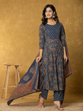 Yufta Navy Blue Sequins_Worky Cotton Anarkali Kurta Dupatta Set | Grocsy