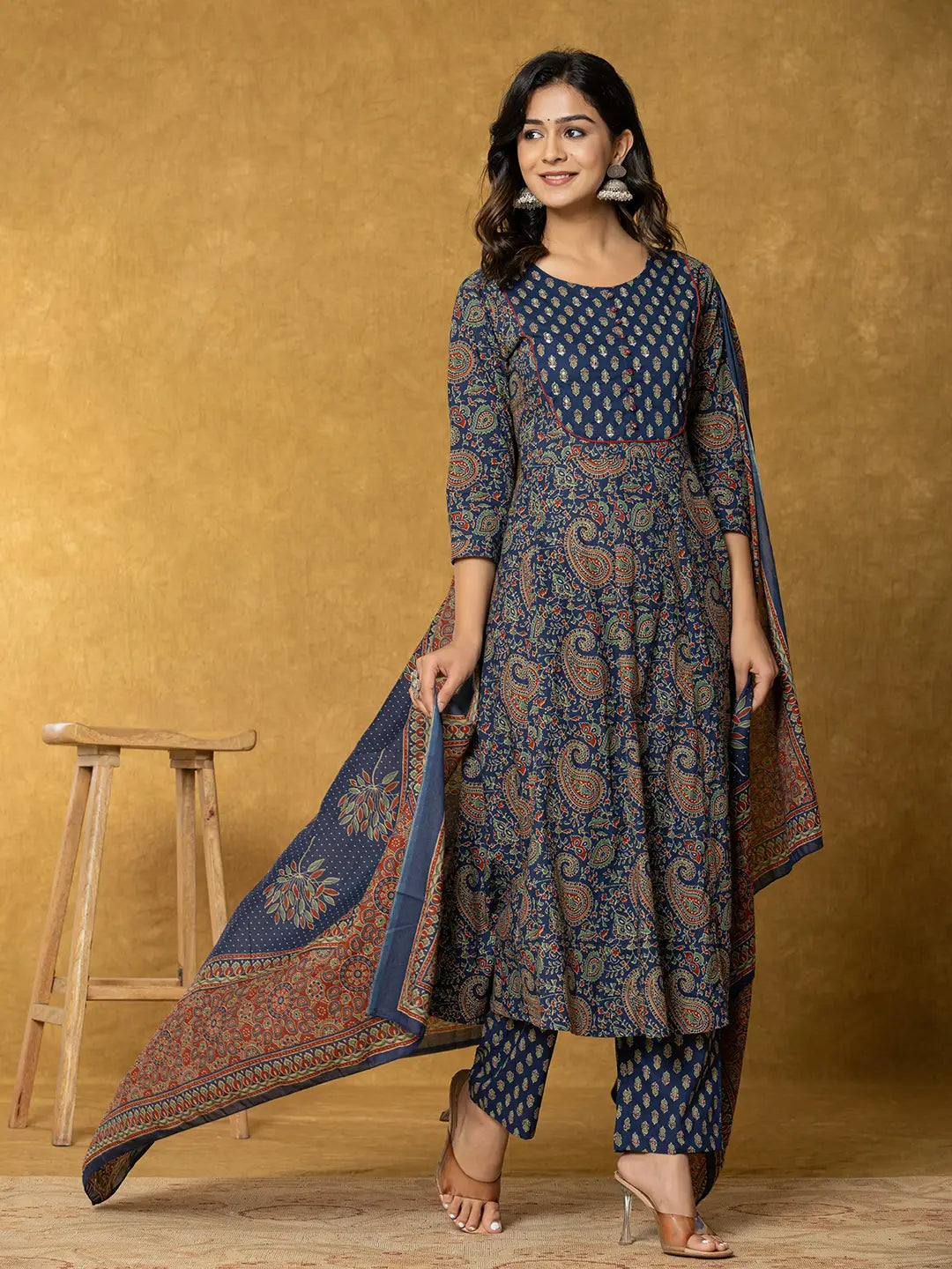 Yufta Navy Blue Sequins_Worky Cotton Anarkali Kurta Dupatta Set | Grocsy