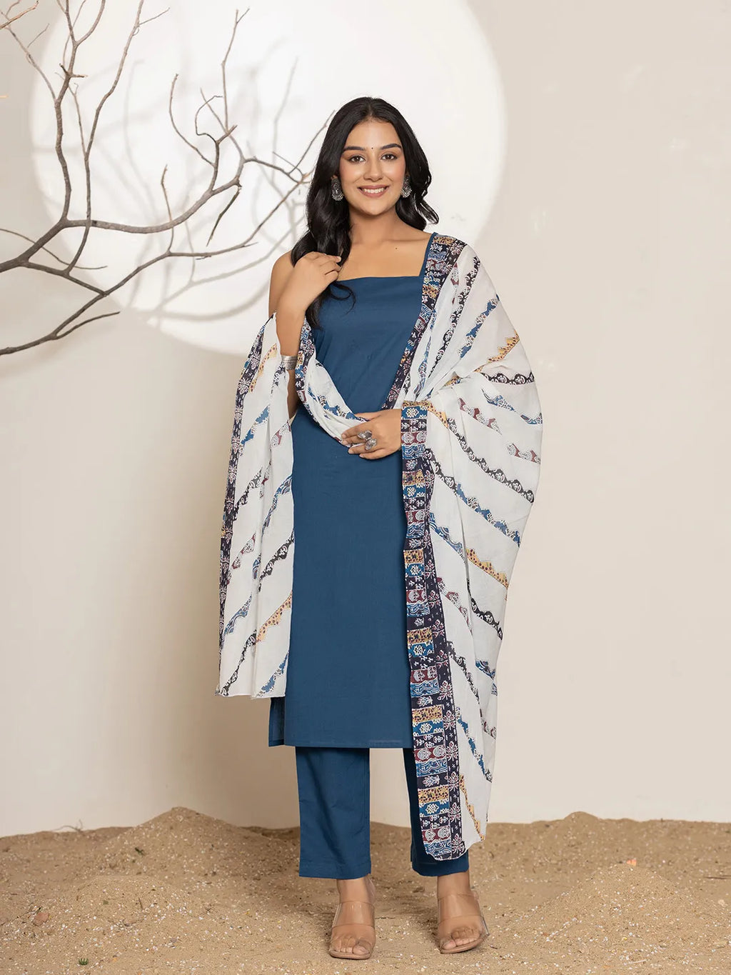 Yufta Navy Blue Solid Cotton Straight Kurta Dupatta Set | Grocsy