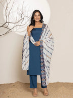 Yufta Navy Blue Solid Cotton Straight Kurta Dupatta Set | Grocsy
