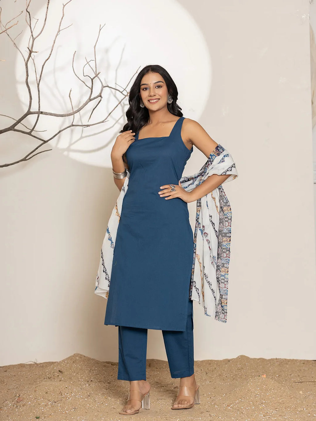 Yufta Navy Blue Solid Cotton Straight Kurta Dupatta Set | Grocsy