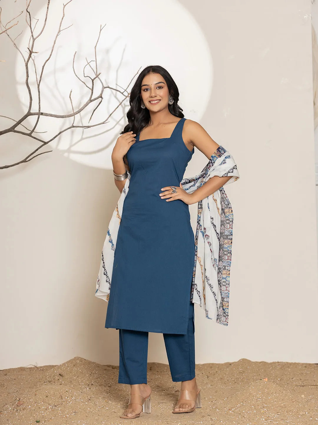 Yufta Navy Blue Solid Cotton Straight Kurta Dupatta Set | Grocsy