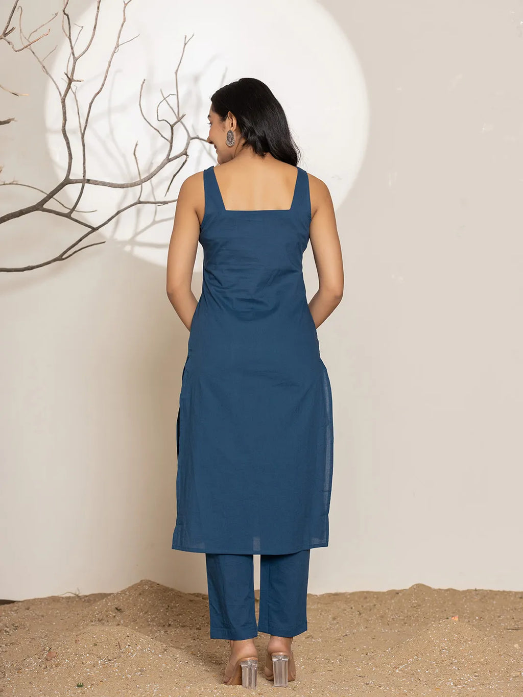 Yufta Navy Blue Solid Cotton Straight Kurta Dupatta Set | Grocsy