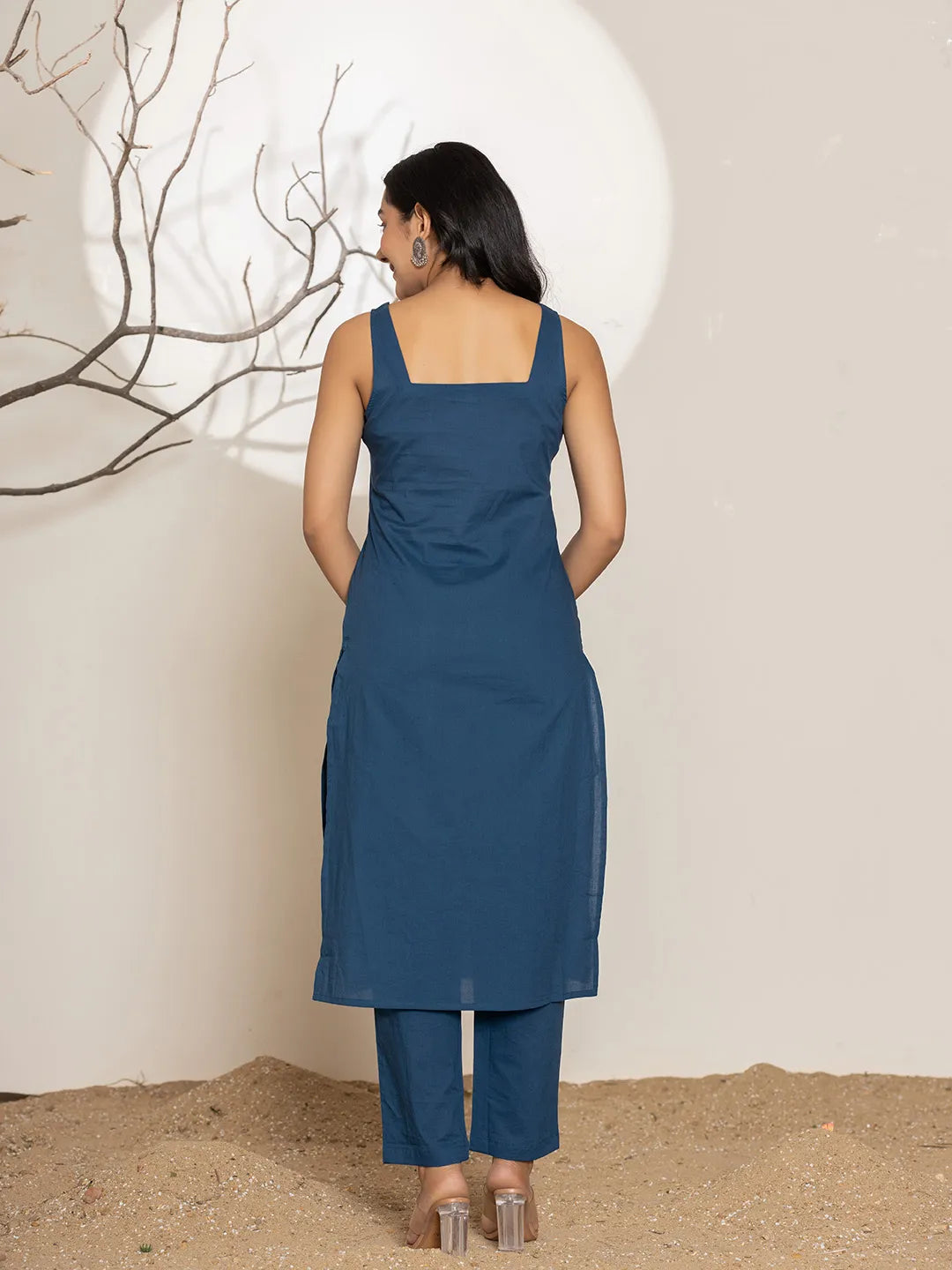 Yufta Navy Blue Solid Cotton Straight Kurta Dupatta Set | Grocsy