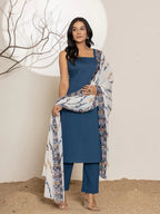 Yufta Navy Blue Solid Cotton Straight Kurta Dupatta Set | Grocsy