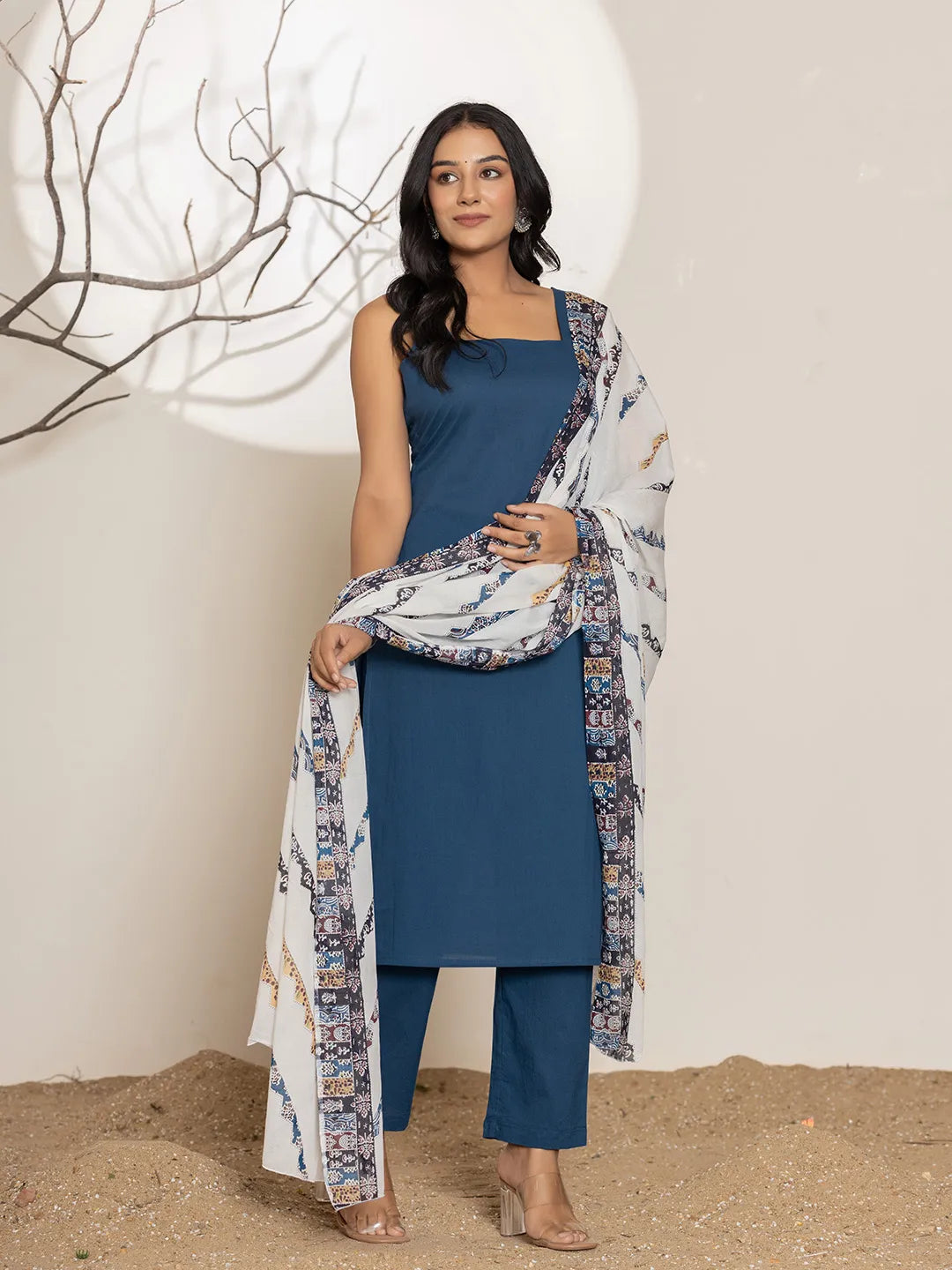 Yufta Navy Blue Solid Cotton Straight Kurta Dupatta Set | Grocsy