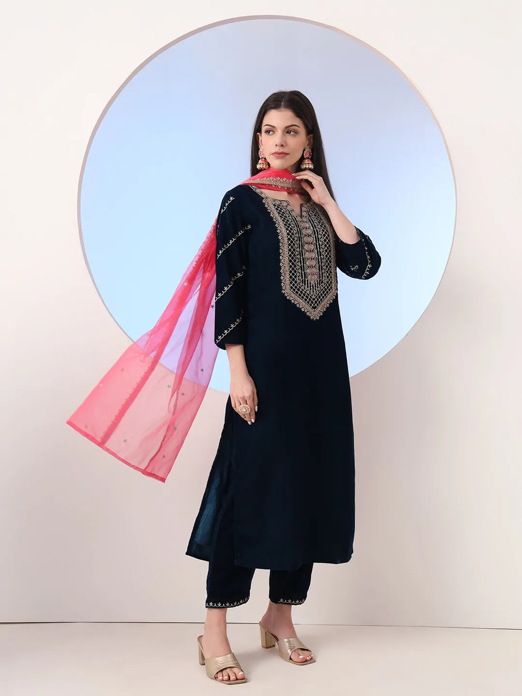 Yufta Navy Blue Velvet Zari Work Kurta Trouser Dupatta Set | Grocsy