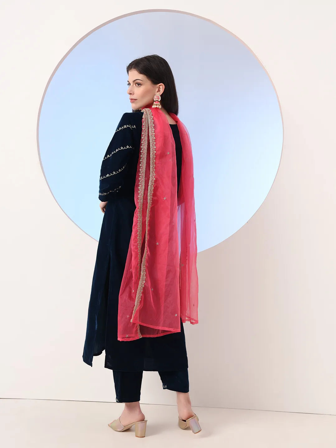 Yufta Navy Blue Velvet Zari Work Kurta Trouser Dupatta Set | Grocsy